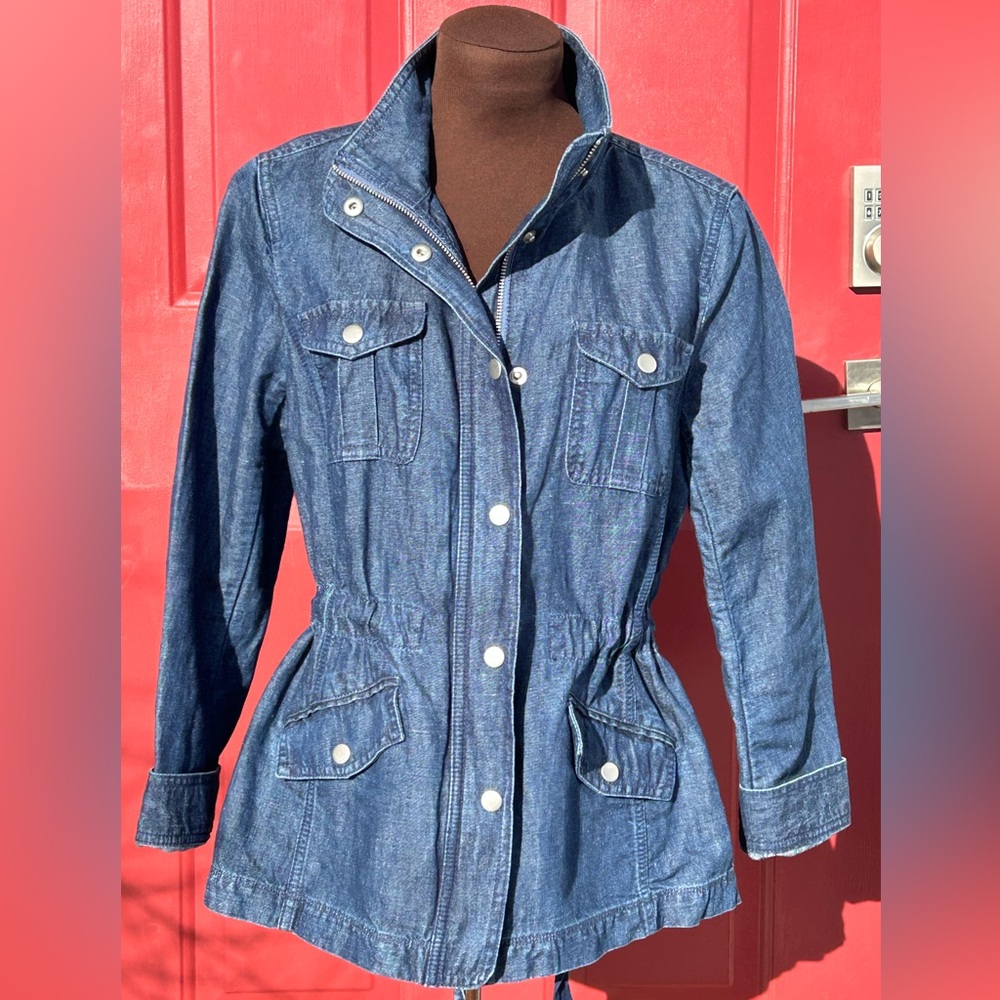 NWOT TALBOTS SP denim safari utility jacket-cotton/hemp-cinched waist-pockets!